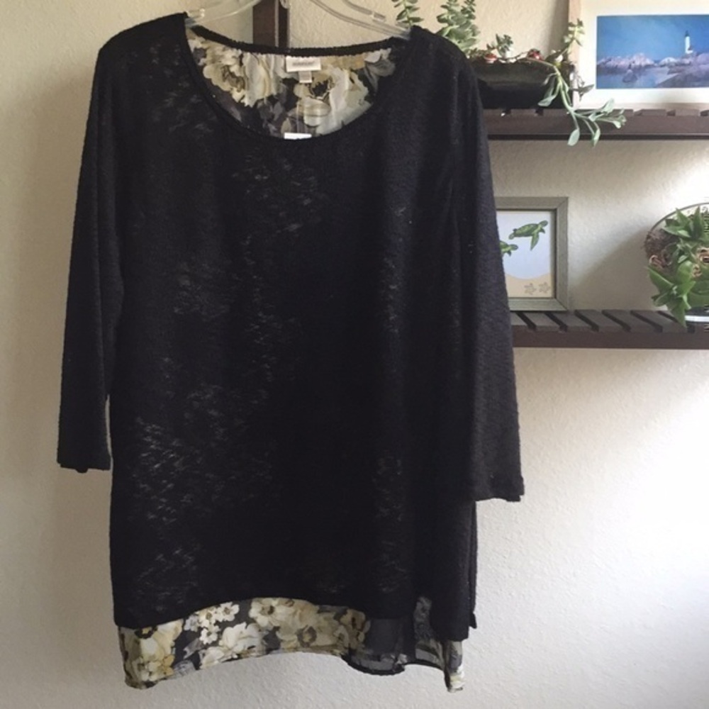 $15 SALE NWT Long Sleeve Knit Sweater Floral Black AVENUE Fall Winter Casual